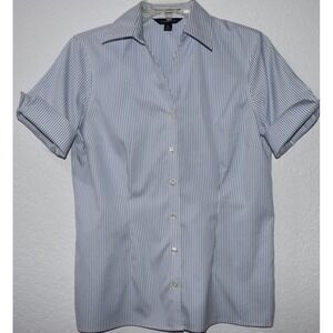 Lands' End 8 No-Iron PinPoint Oxford Shirt Blue Stripe Button Front Short Sleeve